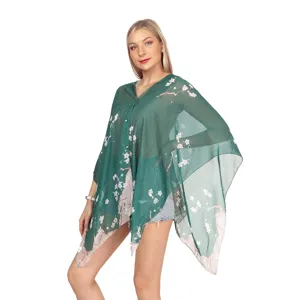 Vrouwen Zonbescherming Sjaal Polyester Bloemenprint Chiffon Sjaal Met Kunstparel Gesp Lichtgewicht Kaftan Kaap Cover Up Zomer Strand