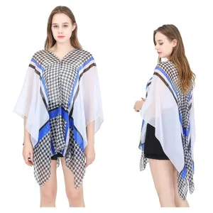 Women Houndstooth Satin Silk Scarf Sun Protection Beach Shawl Cape With Artificial Pearl Buckle Elegant Color Block Geometric Print Wrap For Summer Travel
