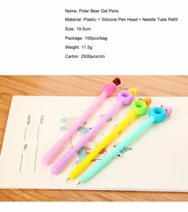 Close-up of four colorful cartoon gel pens featuring cute donut-shaped silicone toppers