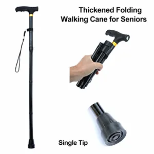 Dettaglio di un bastone da passeggio pieghevole con luce LED e punta in gomma antiscivolo.