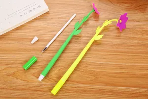 Detailed view of disassembled creative flower shaped gel pen with refill and cap