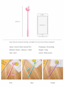 Spécifications détaillées du stylo gel licorne lune avec infos sur taille et matériau