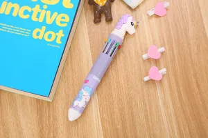 Gros plan d'un stylo bille rétractable à 10 couleurs avec une licorne violette mignonne