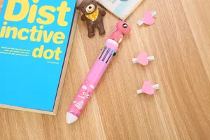 Vue détaillée du joli stylo à bille rétractable 10 couleurs rose avec dinosaure 3D.