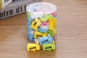 Detailed view showing cute rabbit-shaped pencil sharpeners in various candy colors