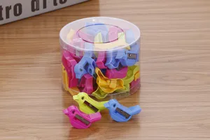 Detailed view of cute bird-shaped pencil sharpeners in vibrant candy colors and clear tub
