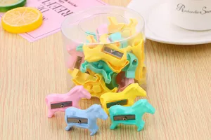 Candy-colored mini horse-shaped pencil sharpeners stored in a clear plastic container bucket
