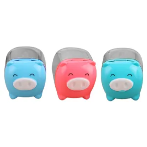 Three cute cartoon pig shaped mini manual pencil sharpeners in blue pink and cyan