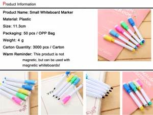 Detail view of small whiteboard markers with built-in eraser caps in multiple colors