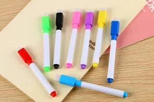 Close-up of colorful erasable whiteboard markers with integrated felt erasers