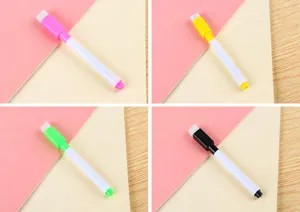 Detailed view of colorful whiteboard markers with eraser caps in four assorted colors