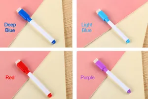 Detail of four colors of erasable whiteboard markers with integrated felt brushes