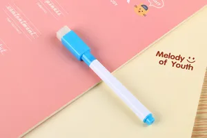 Close-up detail of a blue mini whiteboard marker with a white built-in cap eraser