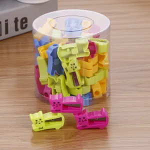 Cute candy-colored cat shaped pencil sharpeners set with clear storage box container