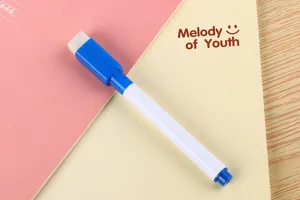 Close-up of a small whiteboard marker with integrated blue eraser cap and white body.