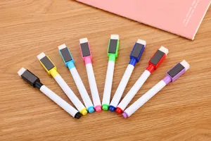 Close-up of colorful magnetic whiteboard markers with built-in erasers on caps