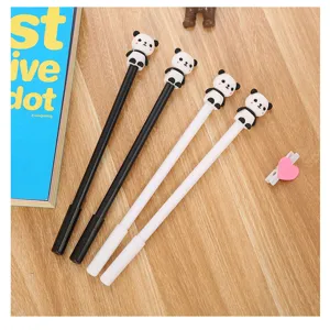 Close-up of four cute panda-themed gel pens in black and white on a wooden desk station