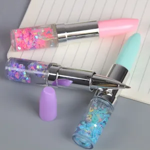 Creative lipstick shaped liquid glitter pens featuring cute heart and star sequins for students