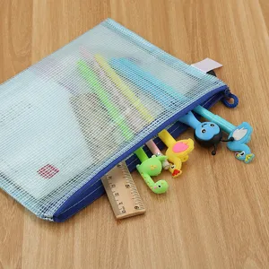 Durable blue A4 mesh zipper file bag with colorful cartoon stationery and ruler on desk