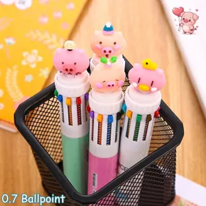 Simpatica Penna a Sfera Multicolore a Forma di Maialino Cartone Animato Dieci In Uno Penna da Disegno Colorata Cancelleria Studenti