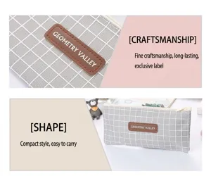 Detailed close-up of grey grid Oxford cloth pencil case featuring the GEOMETRY VALLEY label