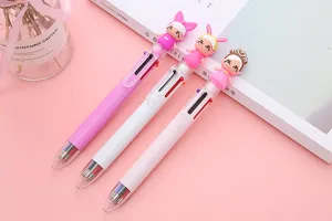 Creative 6-color cartoon ballpoint pen with cute girl doll topper for journaling.
