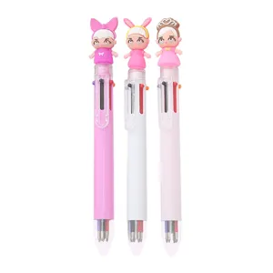 Set of 3 cute cartoon girl topped 6-color multi-ink ballpoint pens for school stationery.