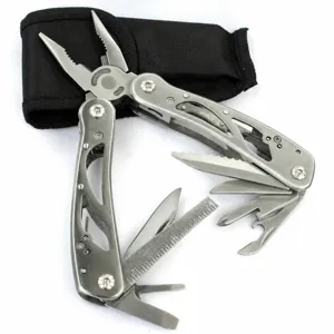 Stainless steel multi-tool detail view showing folding knife, pliers and scale ruler features.