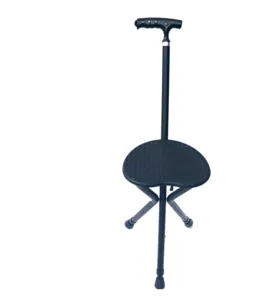 Portable folding cane stool with three legs, lightweight aluminum walking stick seat.