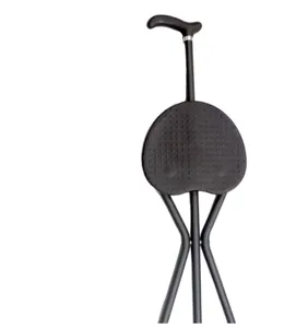 Detailed closeup of foldable aluminum walking cane chair featuring a secure non-slip tripod seat.