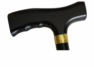 Holzgriff Gehstock Detail, ergonomischer T-Griff mit rutschfesten Rillen und Metallring.