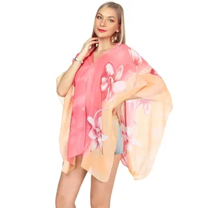 Floral print chiffon beach cover-up shawl with buttons for elegant summer sun protection