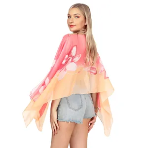 Back view of elegant pink and orange floral chiffon shawl scarf for women on white background