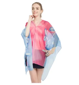 Women's lightweight floral chiffon sun protection shawl in pink and blue gradient