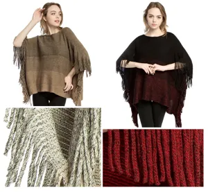Macro detail view of knit fabric texture and tassels on stylish gradient pullover ponchos.