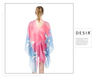 Elegant pink and blue floral printed chiffon shawl cover-up with button detail back view