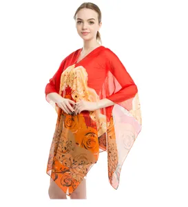 Roter Chiffon-Schal mit Blumenmuster und Perlenschnalle, leichter Sonnenschutzschal