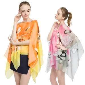Women Floral Printed Chiffon Scarf Shawl Sun Protection Buttoned Dual Use Beach Sarong Sheer Wrap