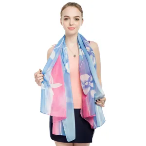 Elegant chiffon floral print scarf shawl for women with blue and pink flower pattern