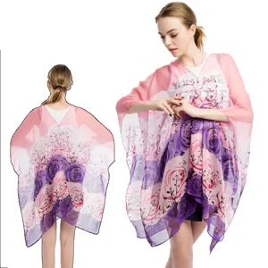Damen Chiffon Sonnenschutzschal mit Blumenmuster und eleganter Perlenschnalle in Rosa