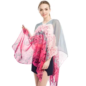Eleganter Chiffon-Sonnenschutzschal für Damen mit Blumenmuster und stilvollem Perlenverschluss