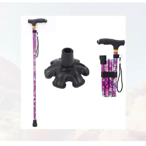 Foldable walking cane for elderly, purple floral pattern adjustable aluminum crutch with base.