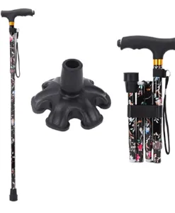 Detailed view of folding walking cane with floral pattern, rubber base and T-handle.