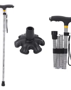 Folding walking cane for seniors with adjustable height, patterned shaft and sturdy rubber base.