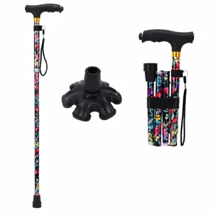 Foldable Elderly Walking Cane Lightweight Aluminum Alloy Adjustable Trekking Pole With LED Light Base Hiking Aid