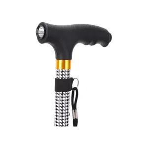 Adjustable folding walking stick with LED light, ergonomic handle, and houndstooth pattern.
