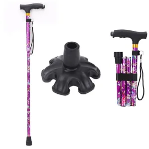 Adjustable folding walking stick for elderly with floral pattern, lightweight aluminum cane