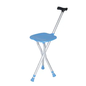 Sedia con bastone pieghevole in lega di alluminio con altezza regolabile e sedile blu.