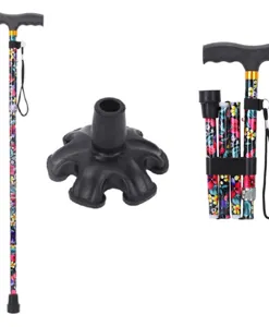 Foldable walking cane detail view featuring floral pattern shaft and 6-foot rubber base.