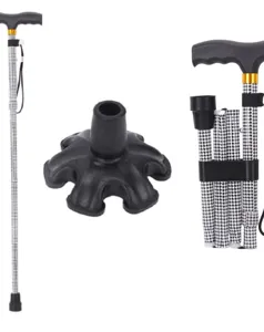 Aluminum alloy folding walking cane for elderly with houndstooth pattern and 6-foot base details.